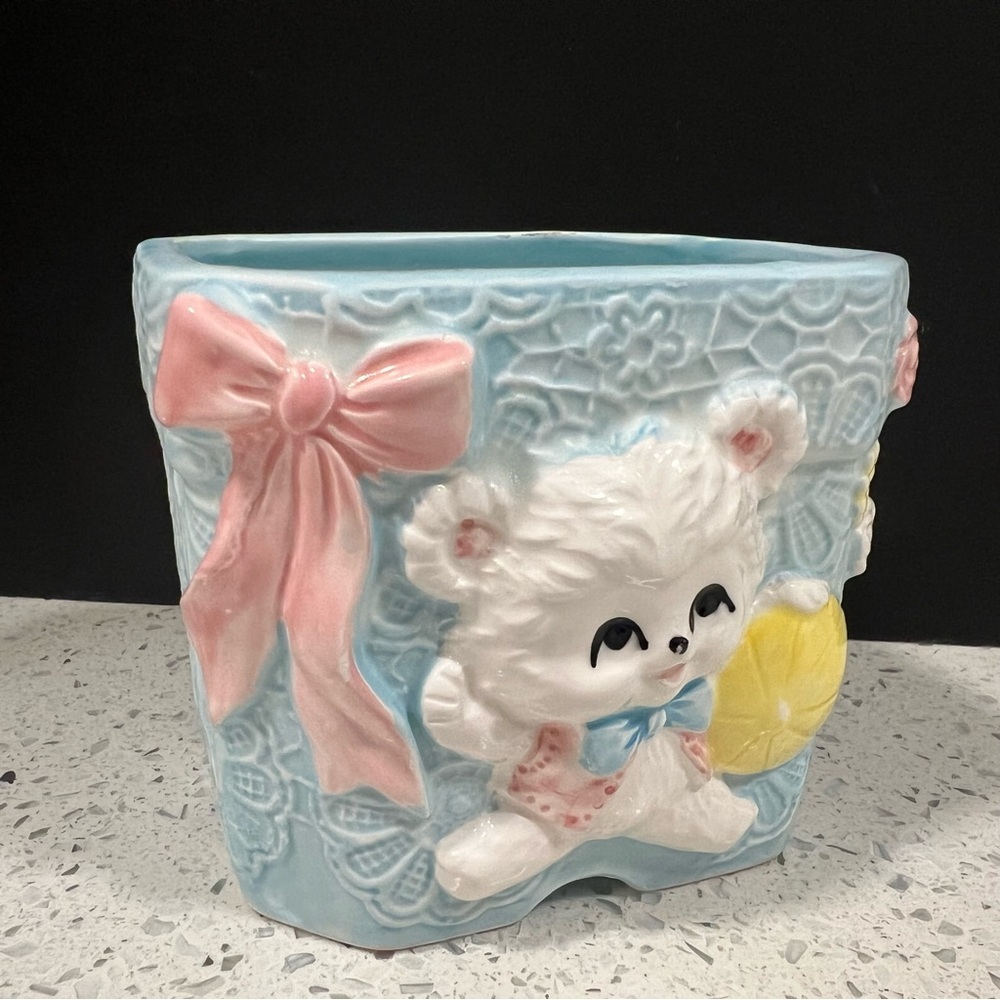 Vintage NAPCO Planter Pot Japan Nursery Kitschy Decor Pink Bows Lamb Bear